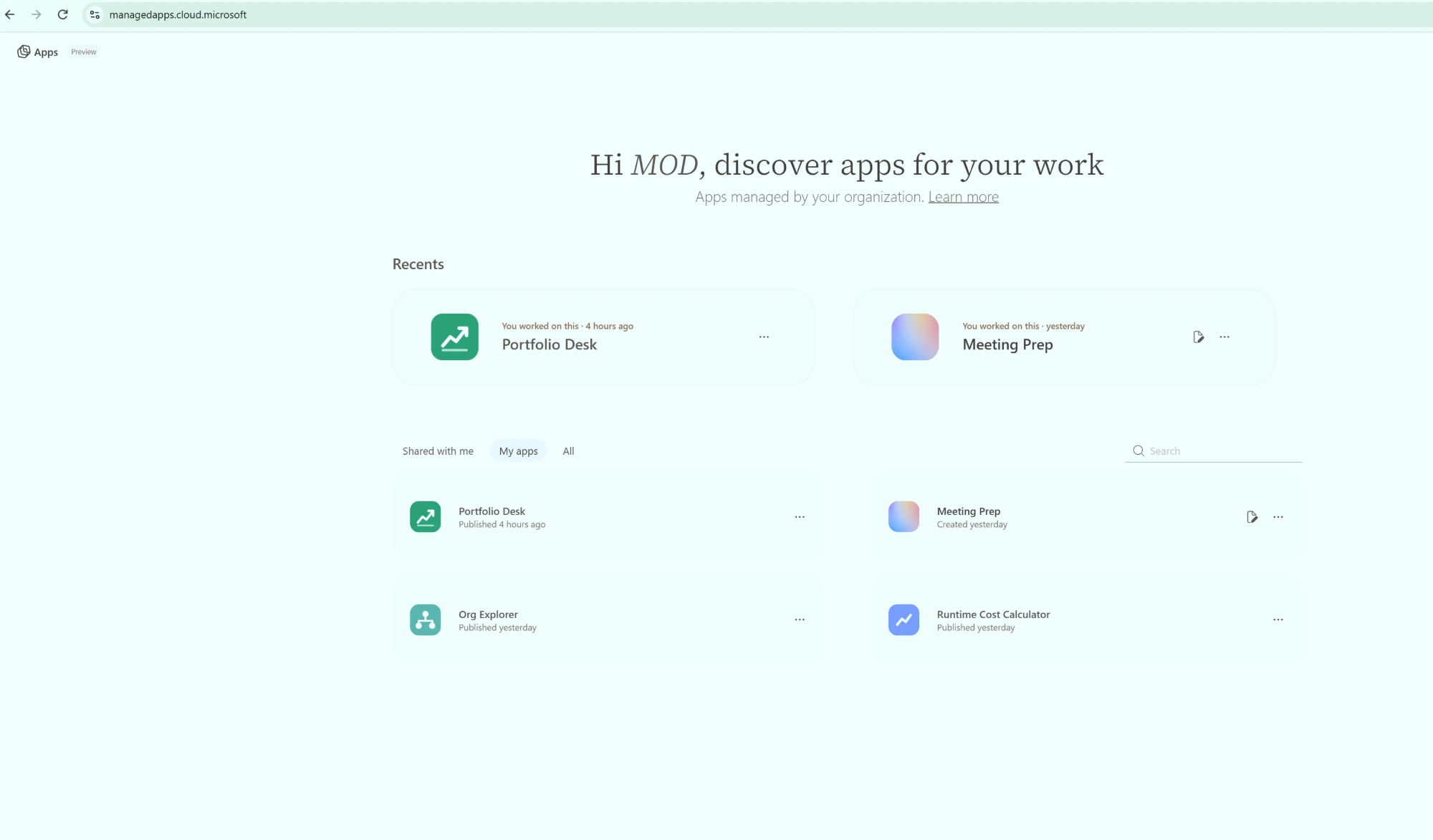 Portál managedapps.cloud.microsoft: nedávné aplikace, moje aplikace, sdílené se mnou a všechny aplikace