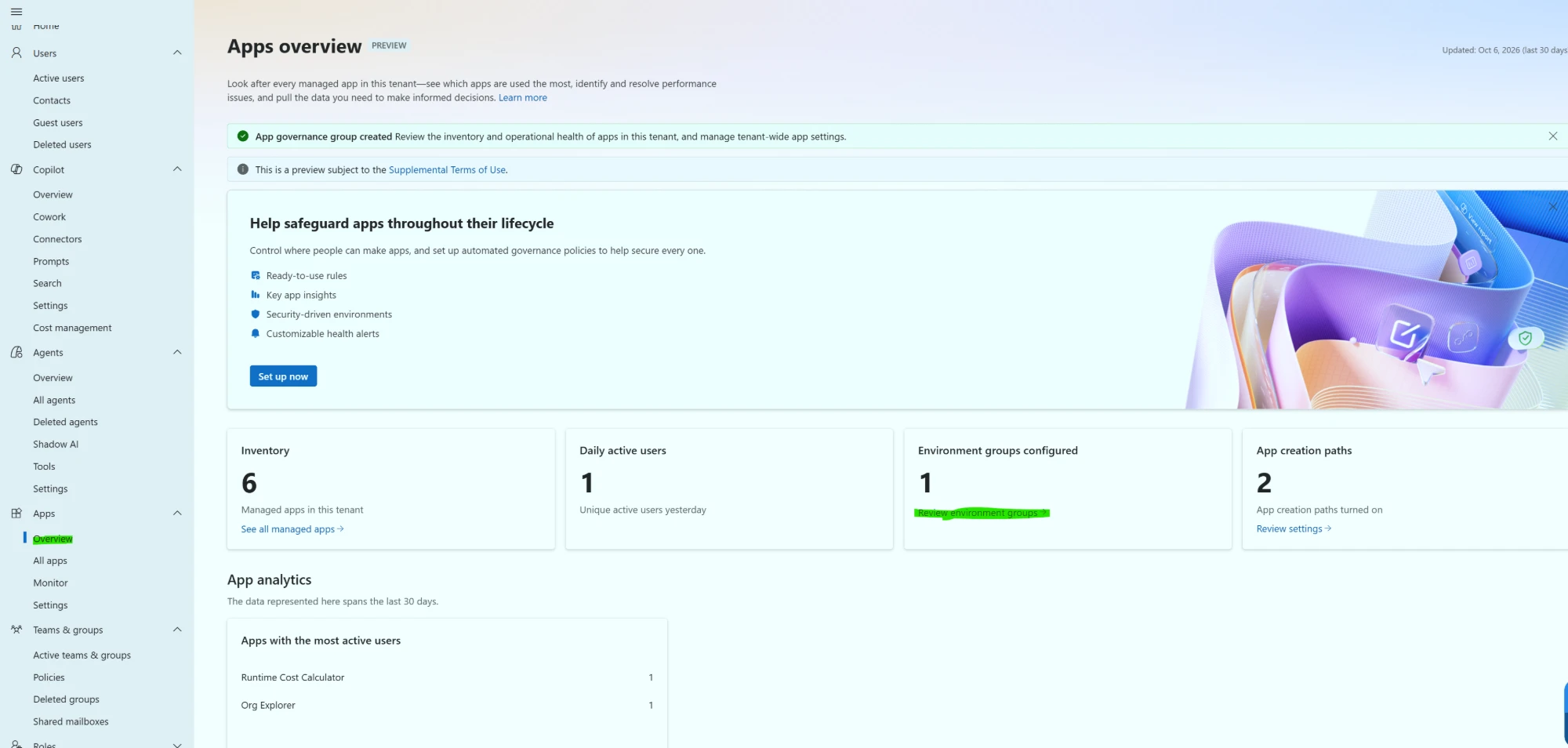 Microsoft 365 admin center, Apps overview: app governance group created, six managed apps, one environment group, two creation paths turned on